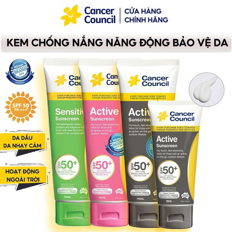 Kem Chống Nắng Năng Động Bảo Vệ Da Khỏi Tia UV Cancer Council Active Sunscreen SPF50+/PA++++ #SENSITIVE 110ml