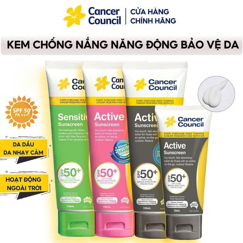 Kem Chống Nắng Cancer Council Năng Động Bảo Vệ Da Tránh Tia UV Active Sunscreen SPF50+/PA++++ #SENSITIVE 110ml
