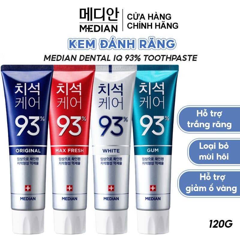 [4 MÀU] Kem Đánh Răng Giúp Trắng Răng, Giảm Ố, Loại Bỏ Mùi Hôi Median Dental IQ 93% Toothpaste 120g