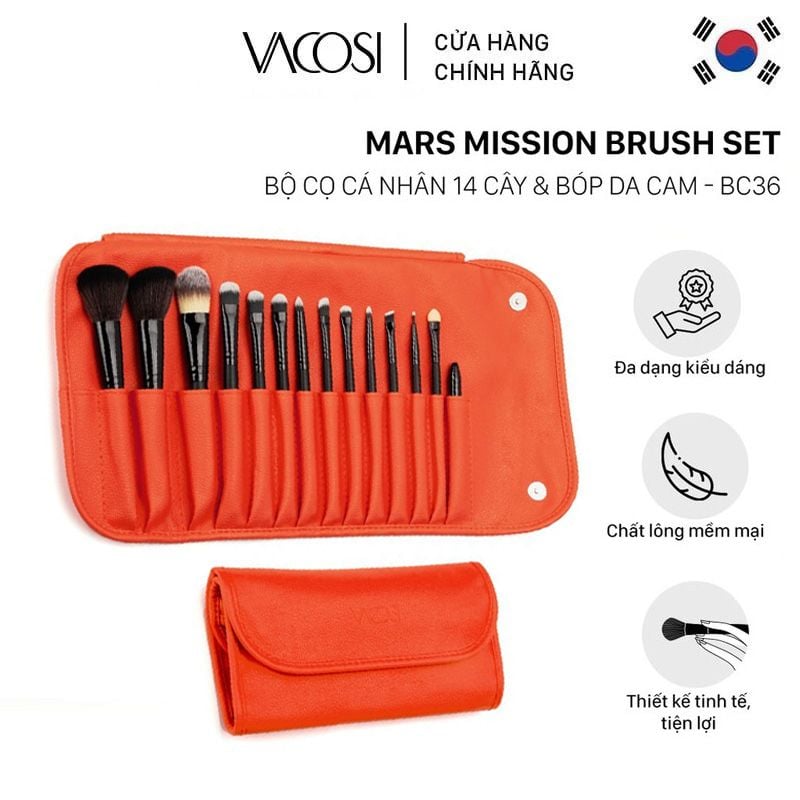 Bộ Cọ Trang Điểm Cá Nhân Vacosi Mars Mission Brush Set 14 Cây & Bóp Da Cam - BC36