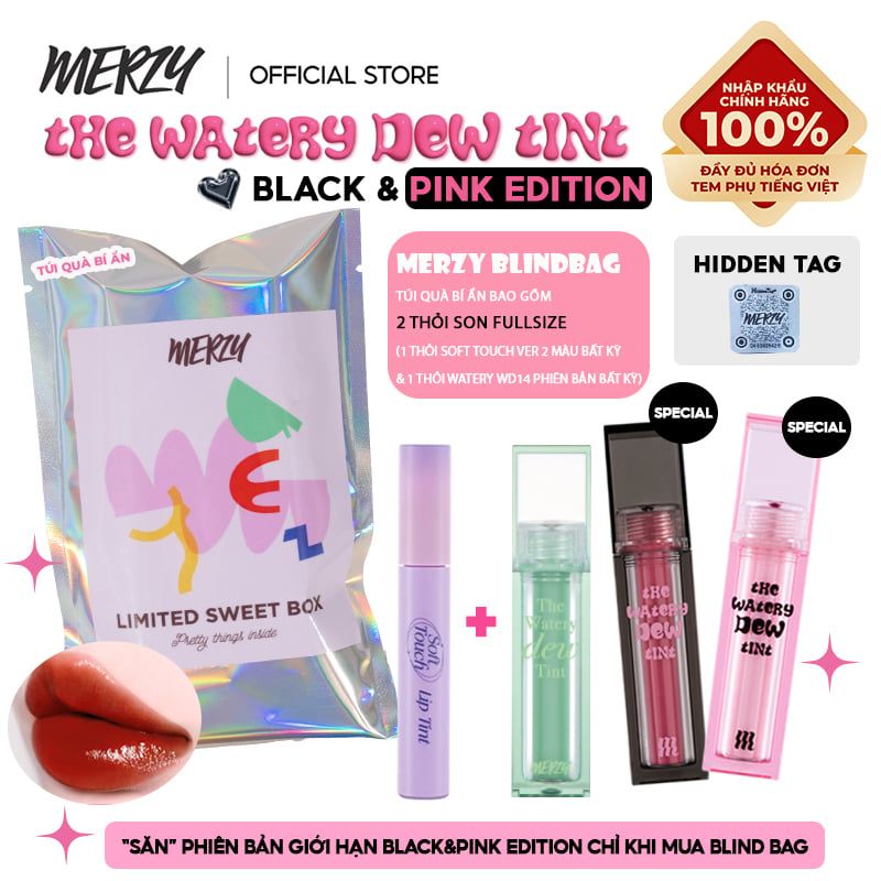 [BLIND BAG][WD14 EDITION] Son Tint Bóng Merzy The Watery Dew Tint Black Pink Edition + Son Kem Lì Merzy Soft Touch Lip Tint Ver 2 - Túi Quà Bí Ẩn 7g