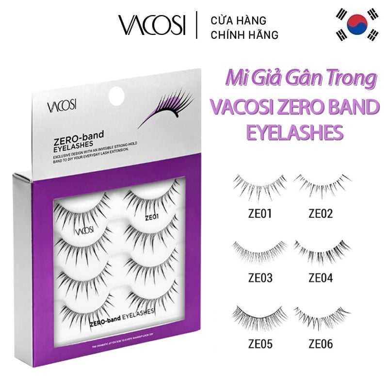 Lông Mi Giả Gân Trong Mềm Mại, Không Gây Nặng Mắt Vacosi Zero Band Eyelashes VM28 (4 Cặp/Hộp)