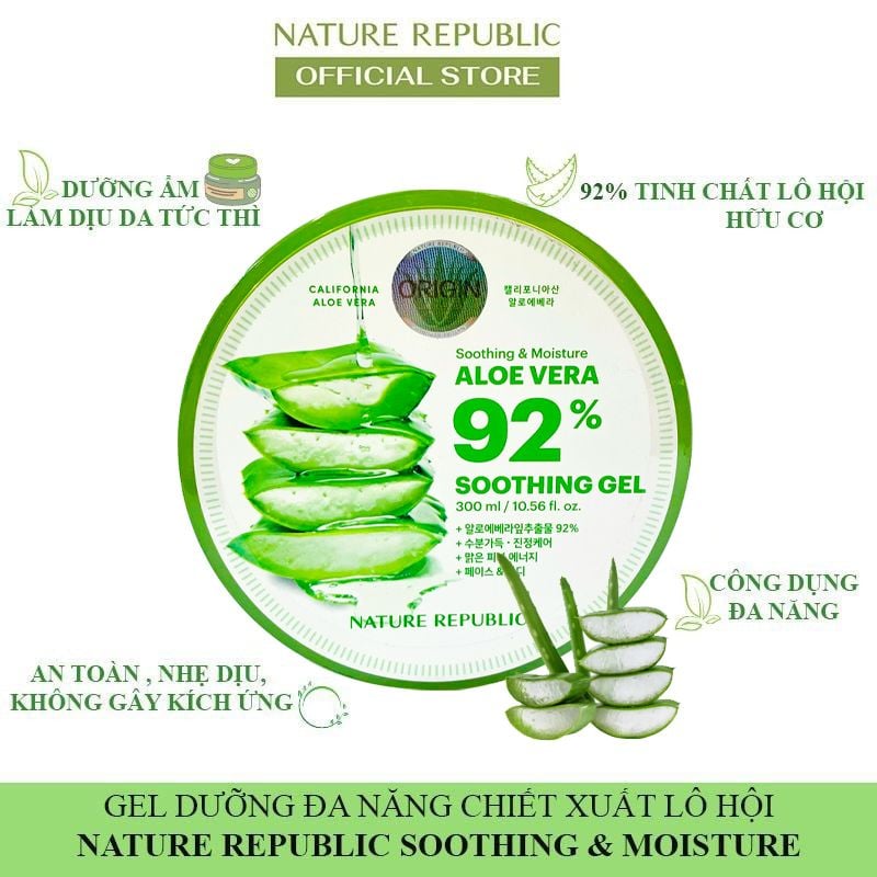 Gel Dưỡng Ẩm Chiết Xuất Lô Hội Cấp Ẩm & Làm Dịu Da Nature Republic Soothing & Moisture Aloe Vera 92% Soothing Gel 300ml