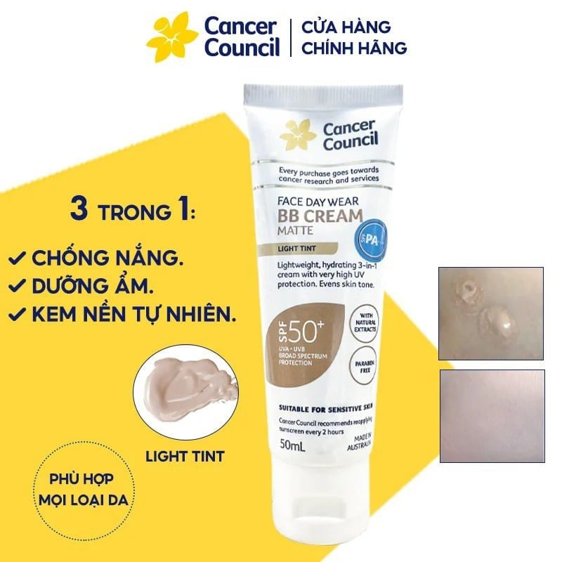 Kem Chống Nắng Cancer Council Dưỡng Ẩm, Kem Nền Nâng Tông Da Tự Nhiên Face Day Wear BB Cream Matte SPF50+ 50ml