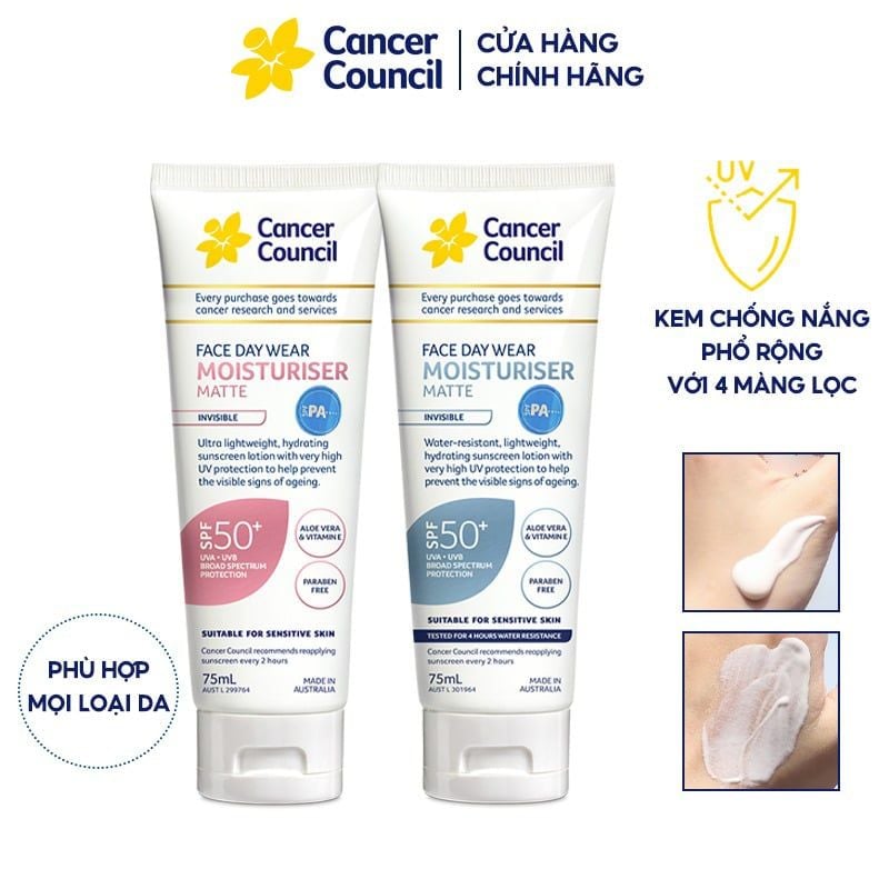 Kem Chống Nắng Cancer Council Dưỡng Ẩm, Dịu Nhẹ Face Day Wear Moisturiser Matte Invisible SPF50+ PA++++ 75ml