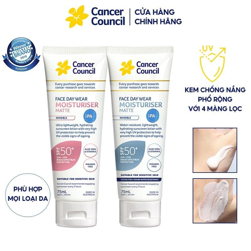 Kem Chống Nắng Dưỡng Ẩm, Dịu Nhẹ Cancer Council Face Day Wear Moisturiser Matte Invisible SPF50+ PA++++ 75ml