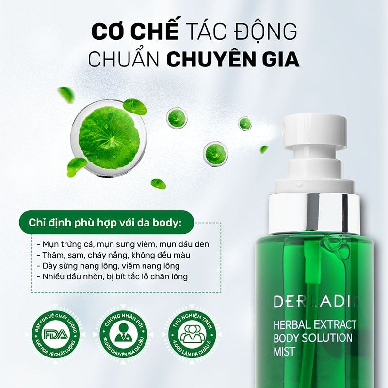 Xịt Mụn Lưng, Toàn Thân, Mờ Thâm, Giảm Viêm Nang Lông Derladie Herbal Extract Body Solution Mist 150ml