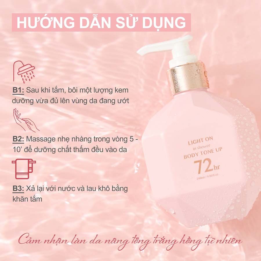 Sữa Dưỡng Thể Nâng Tông 72h Trắng Da, Mềm Mịn B.O.M Light On In Shower Body Tone Up 290ml