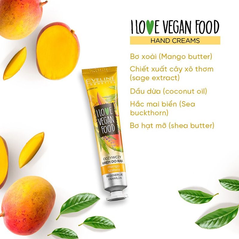 Kem Dưỡng Da Tay Chiết Xuất Tự Nhiên Dưỡng Da Mềm Mại Eveline Cosmetics I Love Vegan Food Hand Cream 50ml