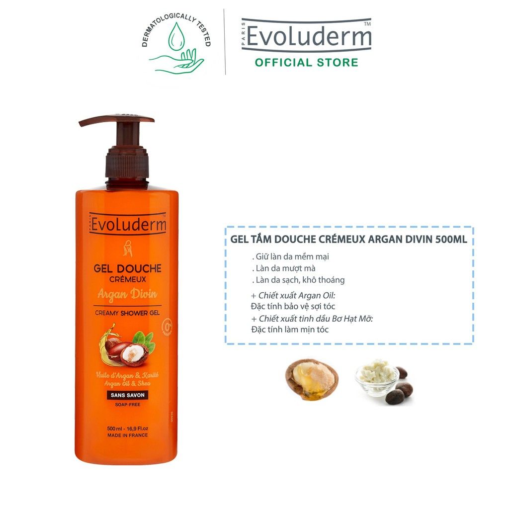 Sữa Tắm Evoluderm Dạng Gel Chiết Xuất Tinh Dầu Argan Và Bơ Hạt Mỡ Argan Divin Creamy Shower Gel 500ml