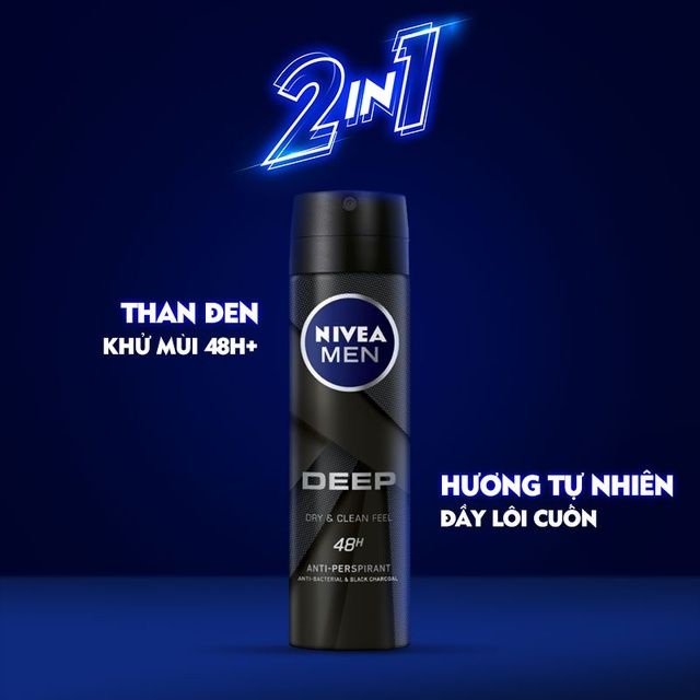 Xịt Ngăn Mùi Than Hoạt Tính Nivea Men Deep Dry & Clean Feel Anti-Perspirant Spray 150ml