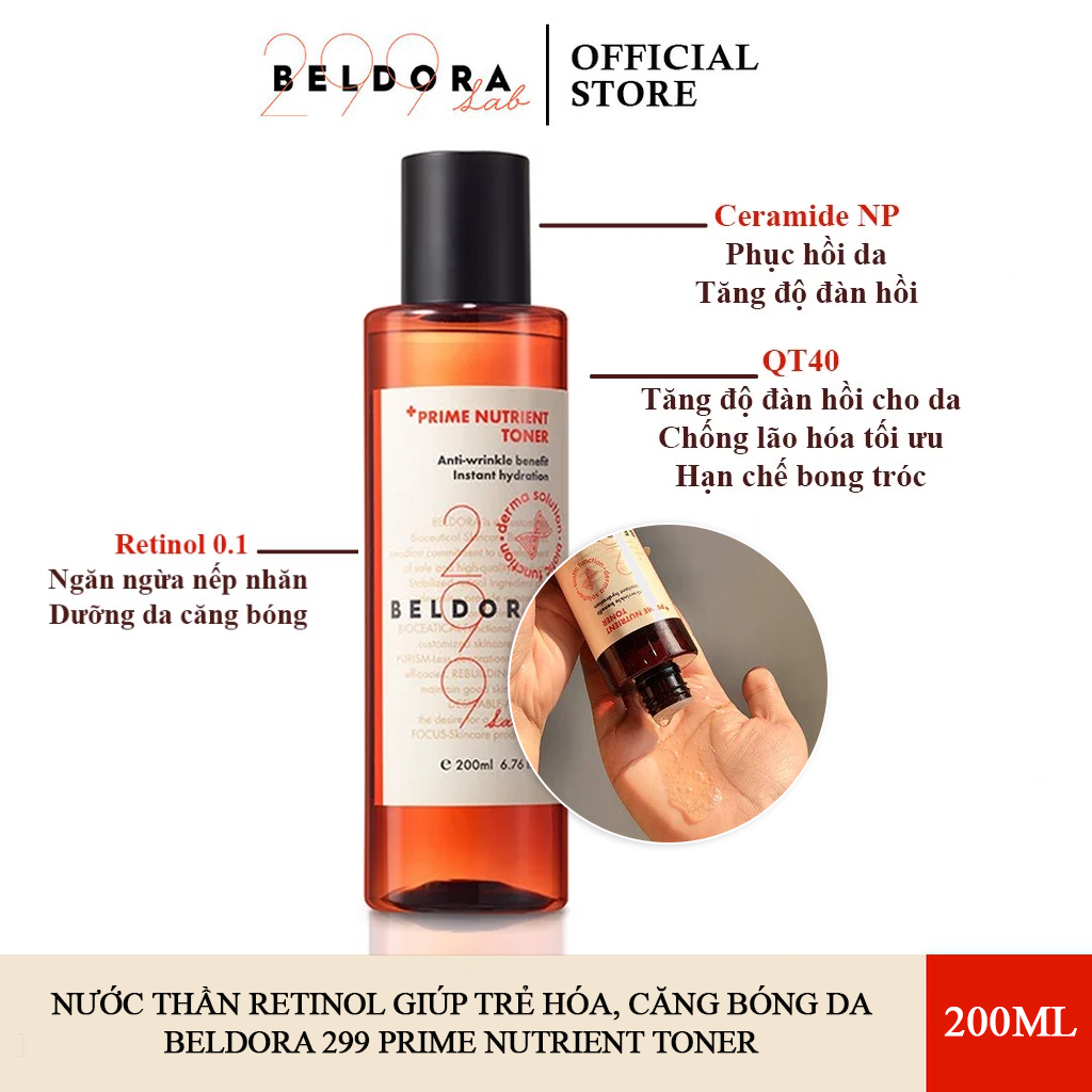 Nước Hoa Hồng Retinol Giúp Đàn Hồi, Căng Mịn Da Beldora 299 Prime Nutrient Toner 200ml