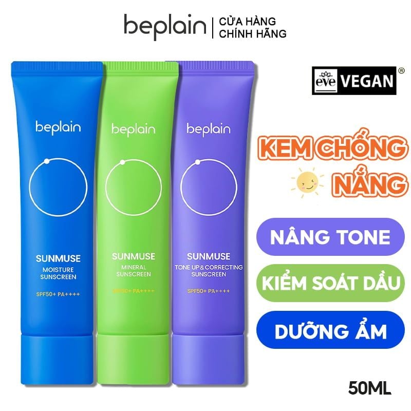 Kem Chống Nắng Thuần Chay Beplain Nâng Tone, Kiềm Dầu, Dưỡng Ẩm Sunmuse Sunscreen SPF50+/PA+++ 50ml