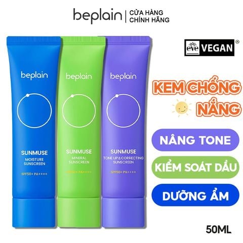 Kem Chống Nắng Thuần Chay Beplain Nâng Tone, Kiềm Dầu, Dưỡng Ẩm Sunmuse Sunscreen SPF50+/PA+++ 50ml