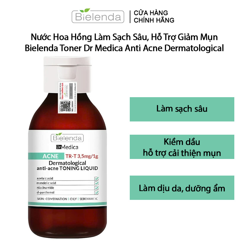 Nước Hoa Hồng Làm Sạch Sâu, Hỗ Trợ Giảm Mụn, Phục Hồi Da Bielenda Toner Dr Medica Anti Acne Dermatological 250ml