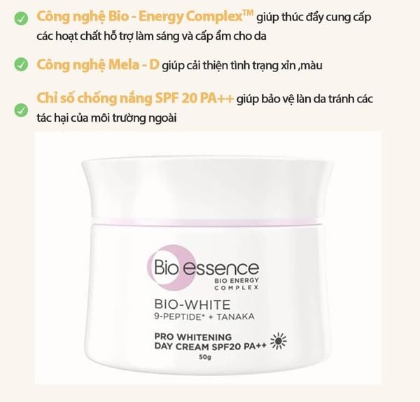  Kem Dưỡng Bio-essence Cấp Ẩm, Hỗ Trợ Dưỡng Sáng Da Ban Ngày Bio White Pro Whitening Day Cream 50g 