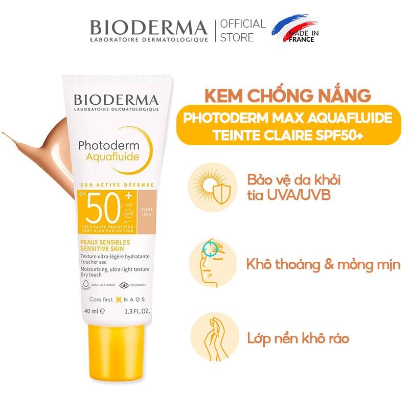 Kem Chống Nắng Bioderma Hỗ Trợ Giảm Bóng Nhờn, Tông Màu Tự Nhiên Photoderm Max Aquafluide Teinte Claire SPF50+ PA++++ 40ml