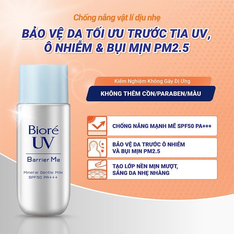 Kem Chống Nắng Bioré Hỗ Trợ Dưỡng Trắng, Dịu Nhẹ, Ngăn Cản Bụi Mịn PM 2.5 UV Barrier Me Mineral Gentle Milk SPF50+/PA ++++ 50g