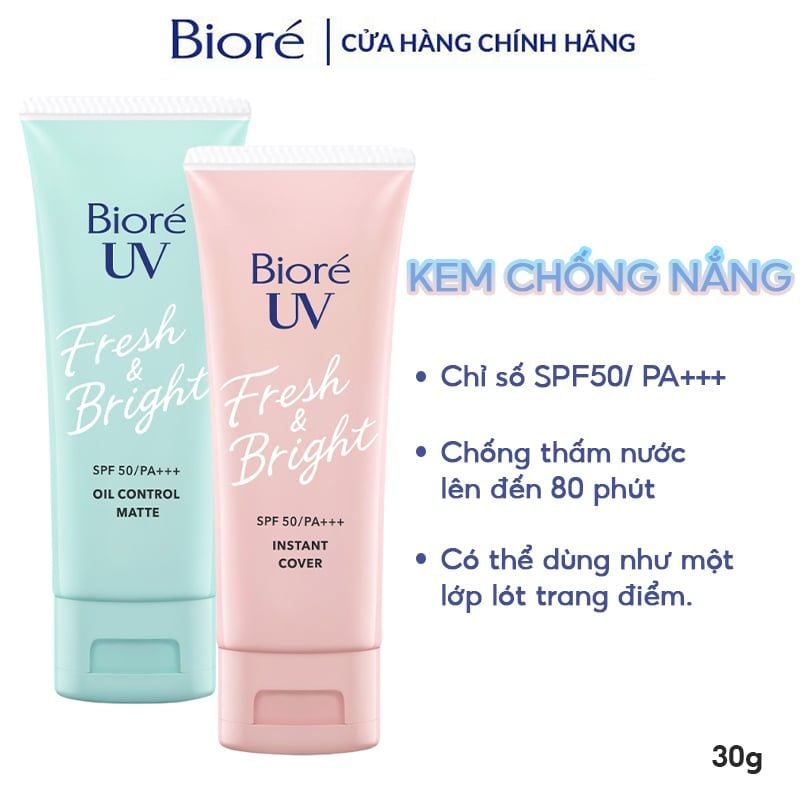 Kem Chống Nắng Bioré Sáng Da Rạng Rỡ, Kiềm Dầu, Che Phủ Tức Thì UV Fresh & Bright SPF50/ PA+++ 30g