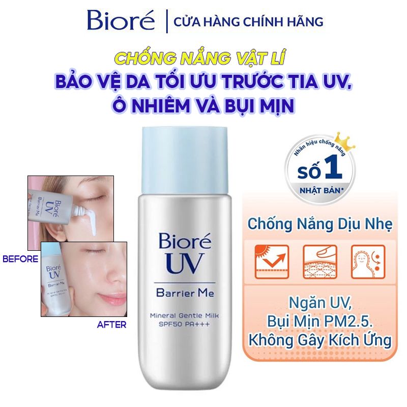 Kem Chống Nắng Bioré Hỗ Trợ Dưỡng Trắng, Dịu Nhẹ, Ngăn Cản Bụi Mịn PM 2.5 UV Barrier Me Mineral Gentle Milk SPF50+/PA ++++ 50g