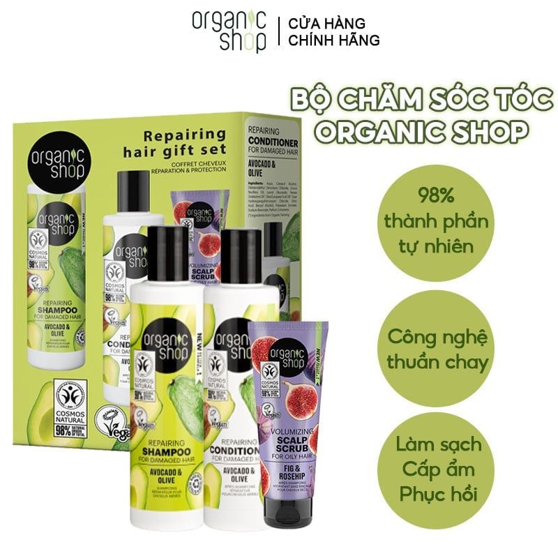 Bộ Sản Phẩm Chăm Sóc Tóc Gội Xả & Tẩy Tế Bào Chết Da Đầu Organic Shop Ngăn Rụng Tóc, Phục Hồi Hư Tổn, Dưỡng Ẩm