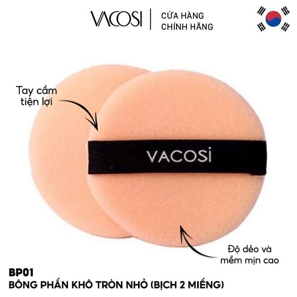  Bông Phấn Khô Tròn Nhỏ Vacosi Small Round Puff BP01 (Bịch 2 Miếng) 