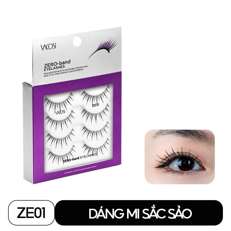 Lông Mi Giả Gân Trong Mềm Mại, Không Gây Nặng Mắt Vacosi Zero Band Eyelashes VM28 (4 Cặp/Hộp)