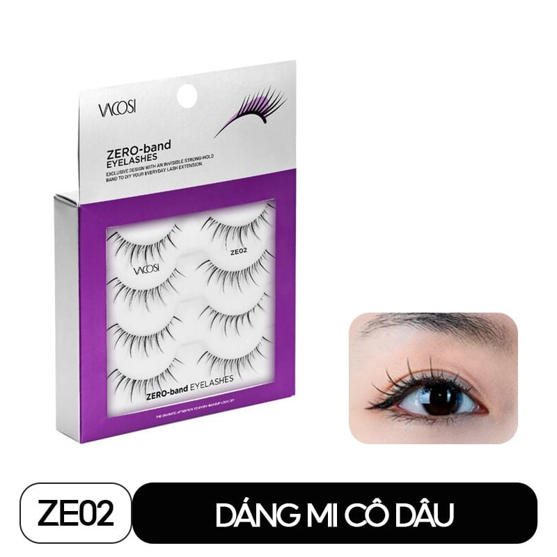 Lông Mi Giả Gân Trong Mềm Mại, Không Gây Nặng Mắt Vacosi Zero Band Eyelashes VM28 (4 Cặp/Hộp)