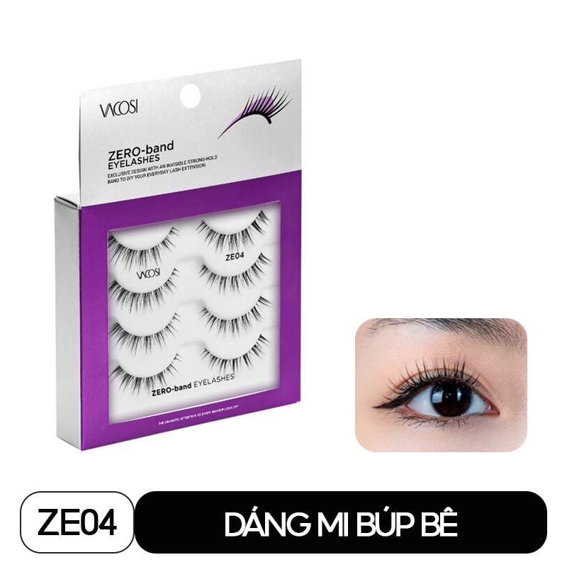 Lông Mi Giả Gân Trong Mềm Mại, Không Gây Nặng Mắt Vacosi Zero Band Eyelashes VM28 (4 Cặp/Hộp)