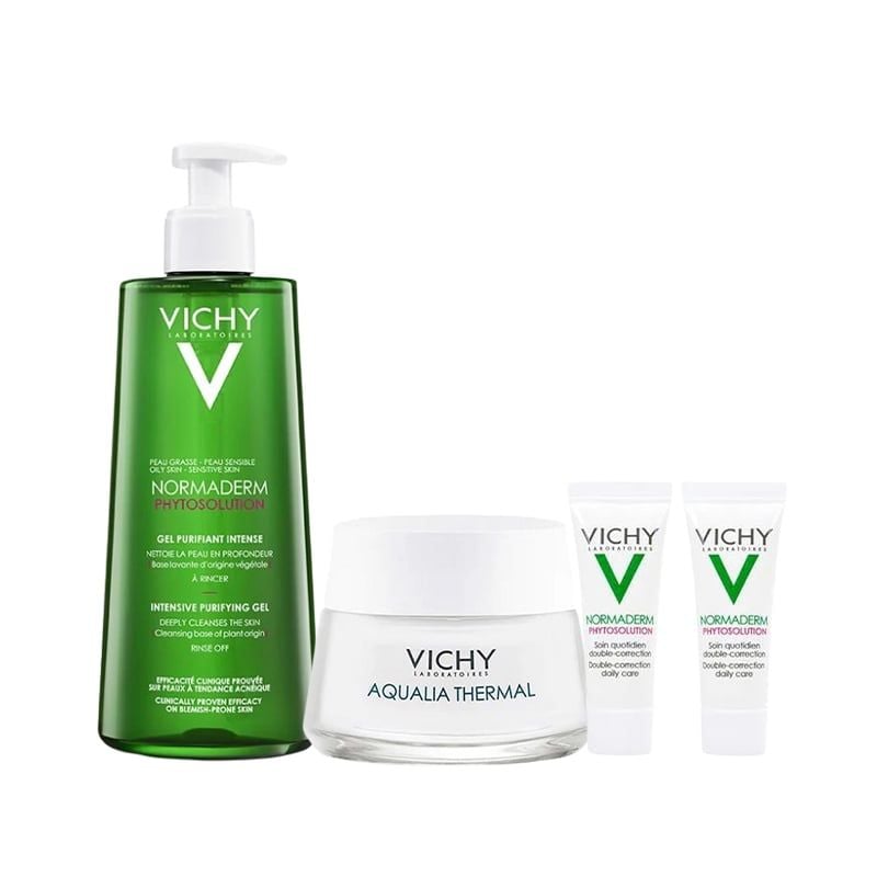 [4 Item] Bộ Làm Sạch Sâu, Kiểm Soát Dầu, Giảm Mụn, Cấp Ẩm Vichy Normaderm Phytosolution Intensive Purifying Gel 400ml + Aqualia Cream-Gel 15ml + 2 Mini Cream 3ml