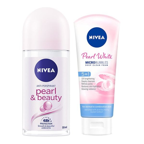 [2 Items] Bộ Đôi Ngọc Trai Dưỡng Trắng Da Nivea Anti-Perspirant Roll On Pearl & Beauty 50ml + Nivea Pearl White Micro Bubbles Deep Clean Foam 20g