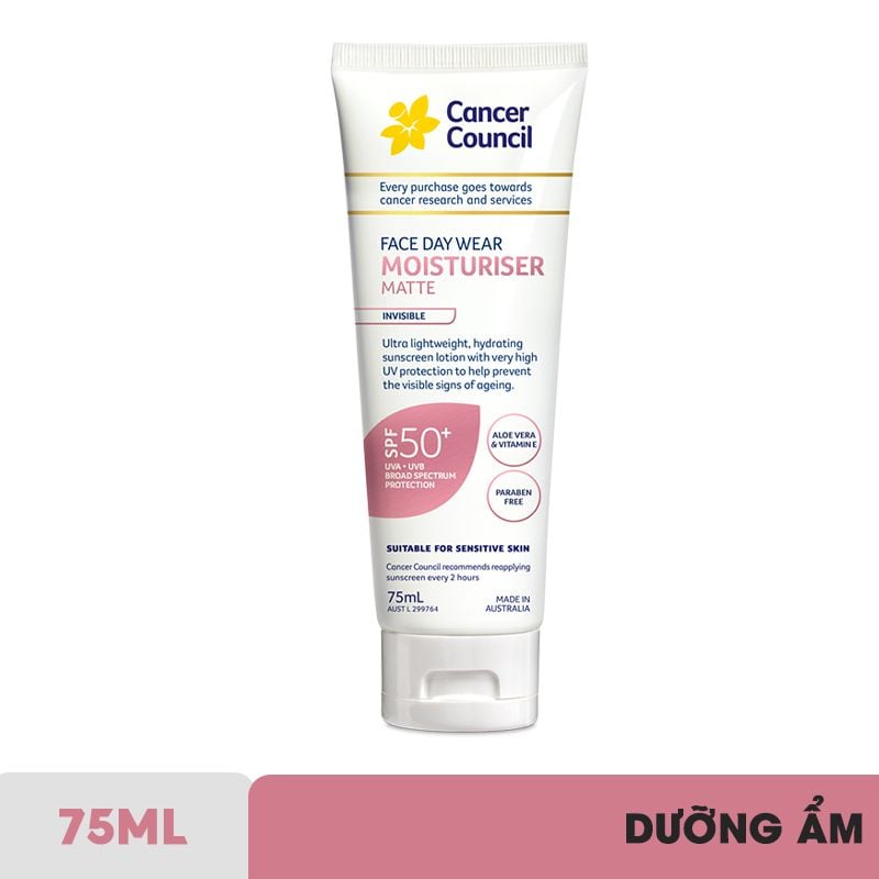 Kem Chống Nắng Dưỡng Ẩm, Dịu Nhẹ Cancer Council Face Day Wear Moisturiser Matte Invisible SPF50+ PA++++ 75ml