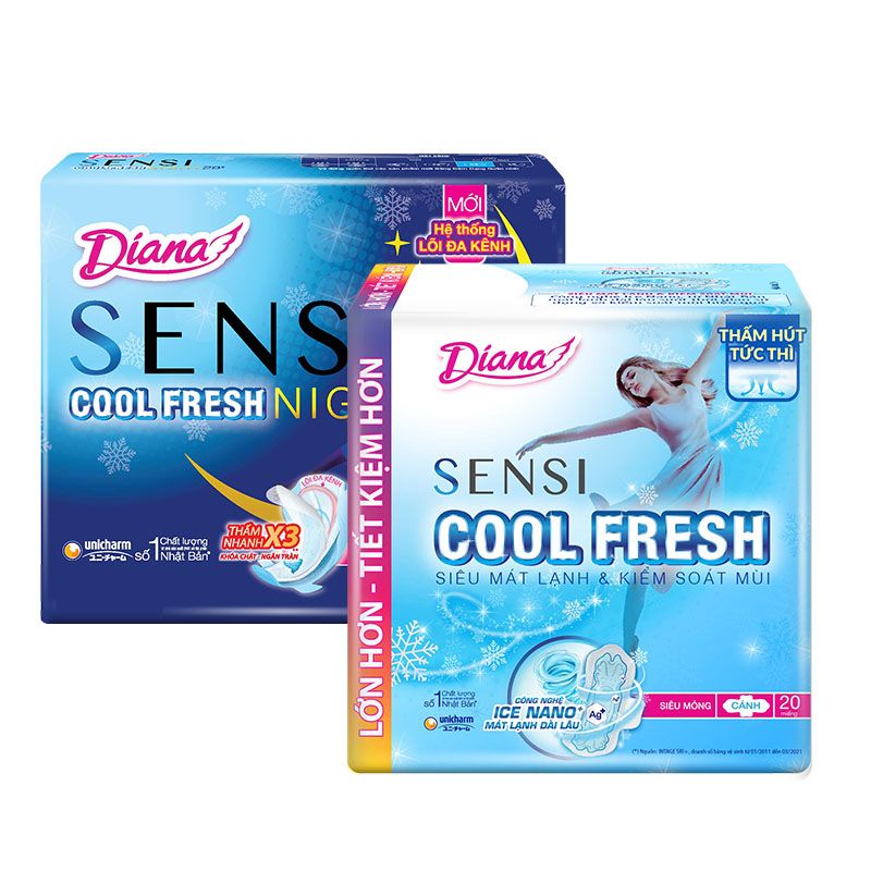 [2 Items] Set Băng Vệ Sinh Diana Sensi Cool Fresh Có Cánh (Gói 20 Miếng) Và Cool Fresh Ban Đêm 29cm (2 Miếng)(Che tên sản phẩm khi giao hàng)
