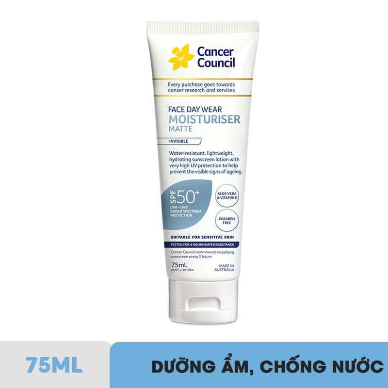 Kem Chống Nắng Dưỡng Ẩm, Dịu Nhẹ Cancer Council Face Day Wear Moisturiser Matte Invisible SPF50+ PA++++ 75ml