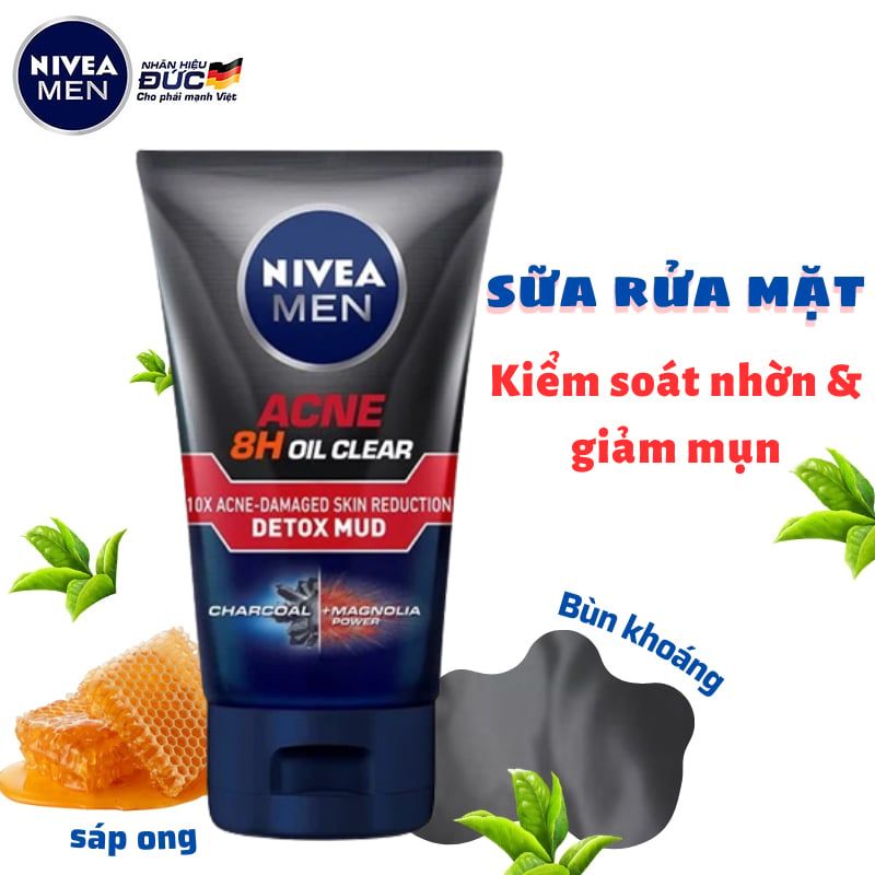 Sữa Rửa Mặt Kiểm Soát Nhờn & Hỗ Trợ Giảm Mụn Nivea Men Acne 8H Oil Clear 10X Acne-Damaged Skin Reduction Detox Mud