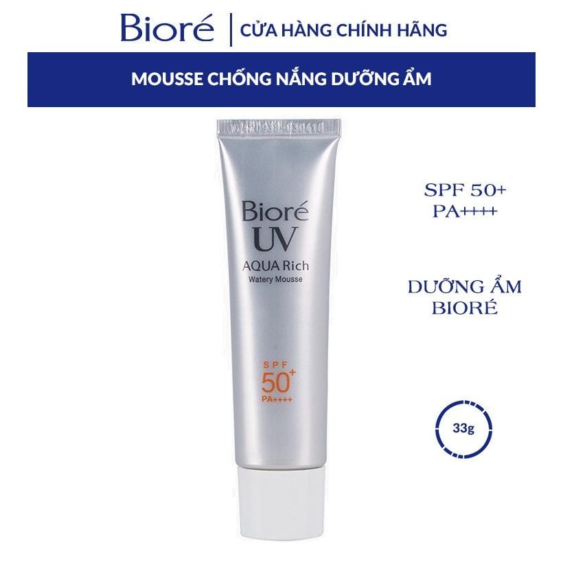 Kem Chống Nắng Dưỡng Ẩm, Lót Trang Điểm Cho Da Sáng Mịn Bioré UV Aqua Rich Watery Mousse Water Base SPF 50+/PA++++ 33g