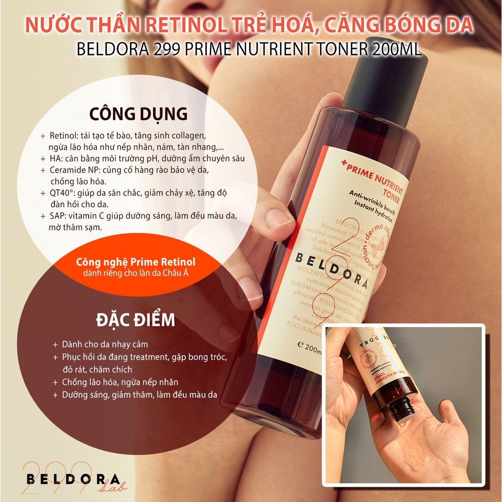 Nước Hoa Hồng Retinol Beldora 299 Giúp Đàn Hồi, Căng Mịn Da Prime Nutrient Toner 200ml