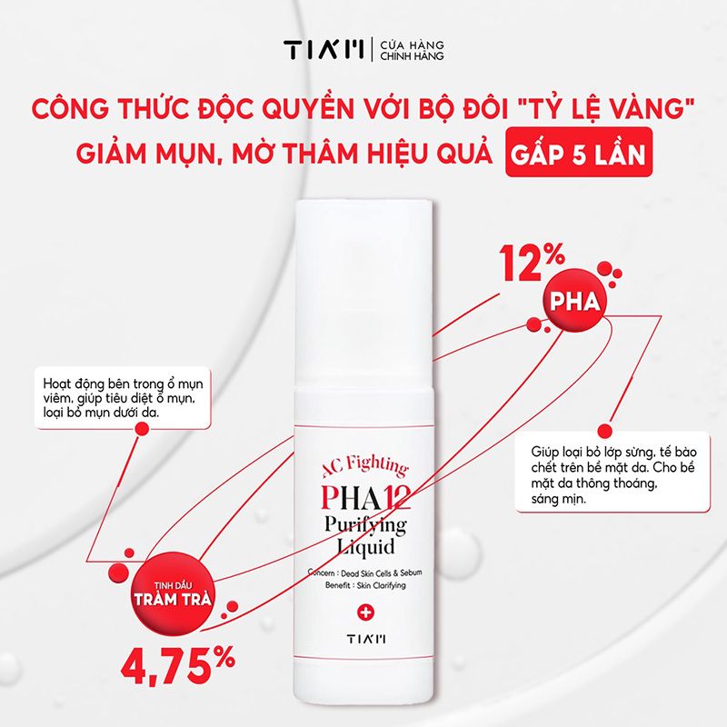 Tinh Chất Hỗ Trợ Giảm Mụn, Mờ Thâm, Loại bỏ Tế Bào Chết 12% PHA + 4,75% Tinh Dầu Tràm Trà Tiam AC Fighting PHA 12 Purifying Liquid 80ml