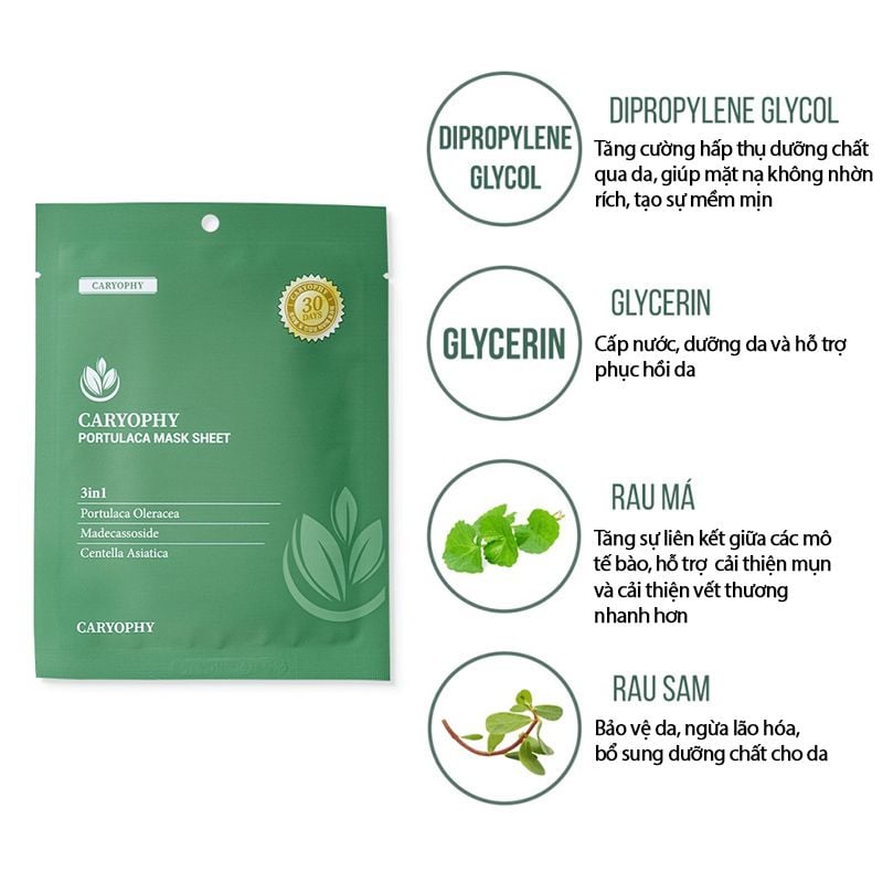 Mặt Nạ Miếng Caryophy Làm Dịu, Hỗ Trợ Phục Hồi Dành Cho Da Dầu Mụn Portulaca Mask Sheet