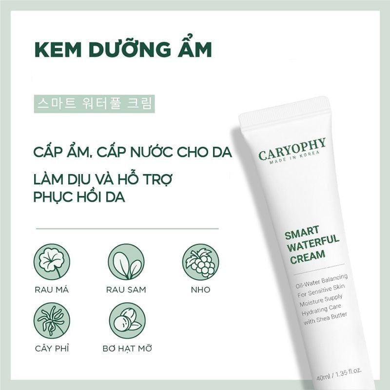 Kem Dưỡng Ẩm, Cấp nước Và Hỗ Trợ Phục Hồi Cho Da Mụn Caryophy Smart Waterful Cream 40ml