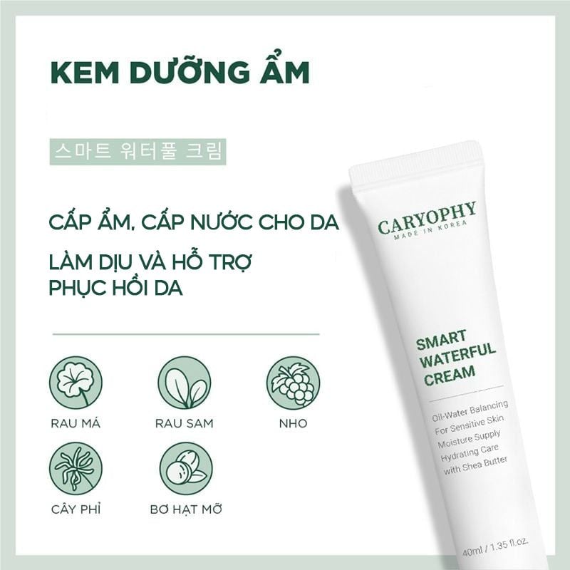 Kem Dưỡng Ẩm Caryophy Cấp Nước Và Hỗ Trợ Phục Hồi Cho Da Mụn Smart Waterful Cream 40ml