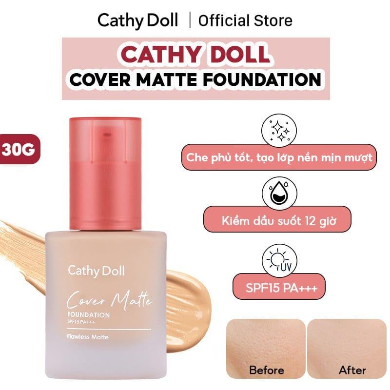 Kem Nền Kiềm Dầu, Che Phủ Tự Nhiên Cathy Doll Cover Matte Foundation SPF15 PA+++