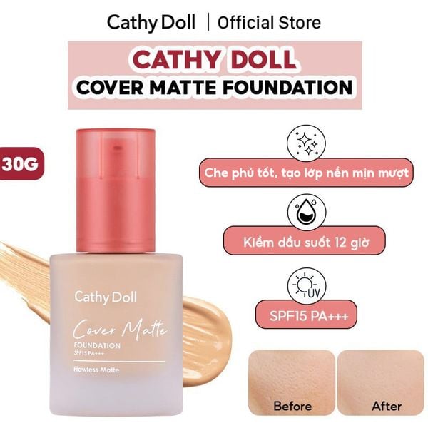Kem Nền Kiềm Dầu, Che Phủ Tự Nhiên Cathy Doll Cover Matte Foundation SPF15 PA+++