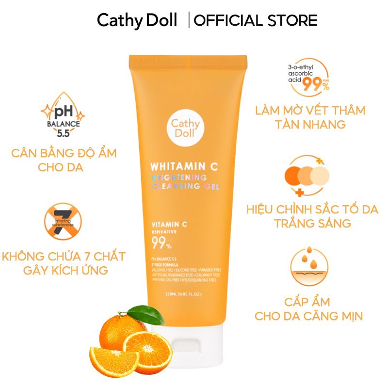 Gel Rửa Mặt Cathy Doll Vitamin C Hỗ Trợ Dưỡng Sáng Da, Mờ Thâm Whitamin C Brightening Cleansing Gel 120ml