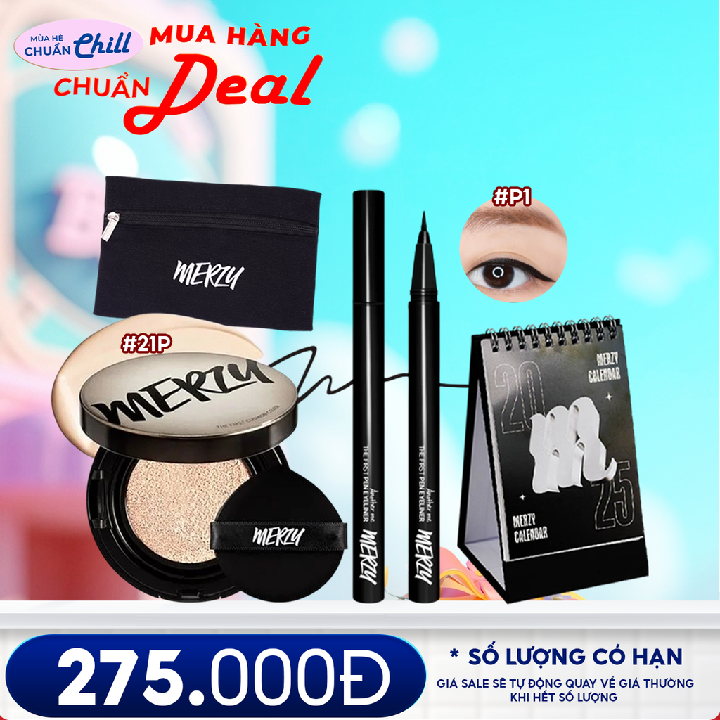 Combo 4 Sản Phẩm Merzy: Phấn Nước Merzy #21P Vanilla +  Bút Kẻ Mắt Nước Merzy #P1 + Túi Makeup Caro Merzy+ Lịch Để Bàn Merzy