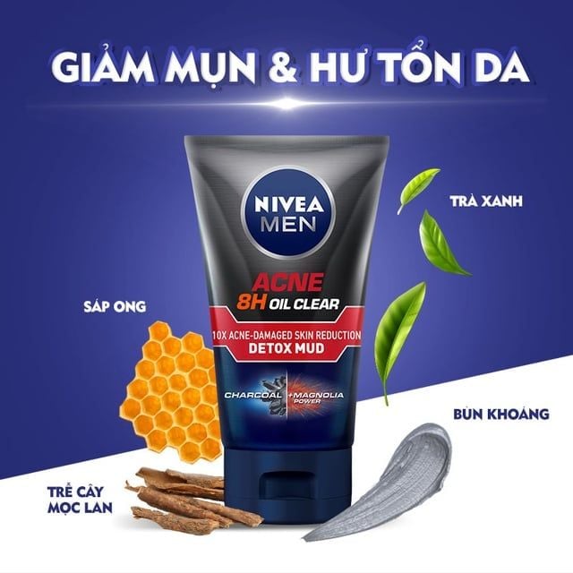 Sữa Rửa Mặt Kiểm Soát Nhờn & Hỗ Trợ Giảm Mụn Nivea Men Acne 8H Oil Clear 10X Acne-Damaged Skin Reduction Detox Mud