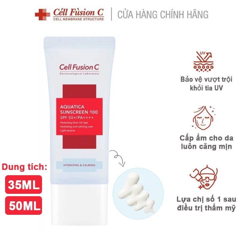 Kem Chống Nắng Cell Fusion C Cấp Ẩm, Làm Dịu Da, Cho Da Khô & Hỗn Hợp Thiên Khô Aquatica Sunscreen 100 SPF 50+/PA++++ 50ml