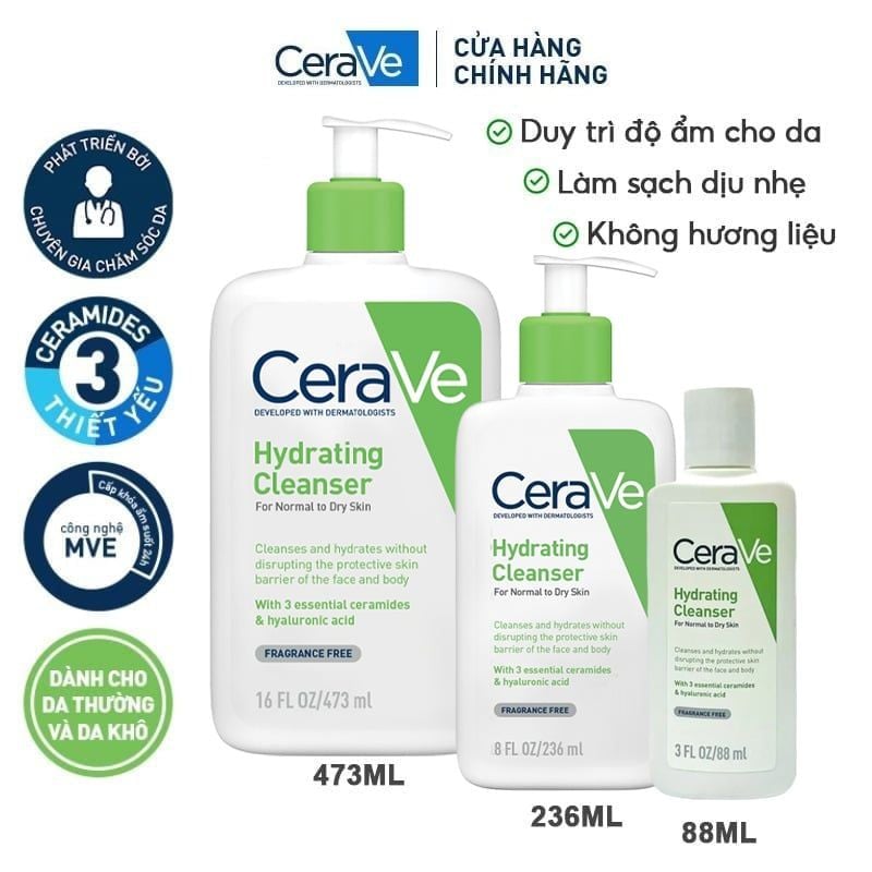 Sữa Rửa Mặt Cerave Dưỡng Ẩm, Làm Sạch Sâu Dành Cho Da Thường & Da Khô Developed With Dermatologists Hydrating Cleanser