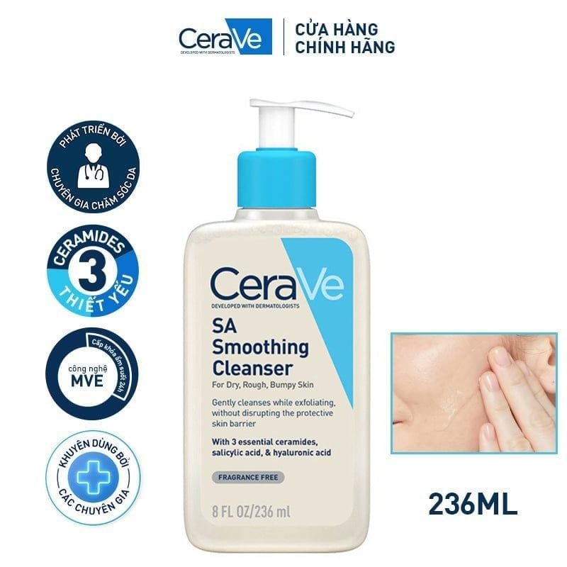 Sữa Rửa Mặt Làm Sạch Sâu Cho Da Mụn, Tẩy Da Chết Dịu Nhẹ Cerave Developed With Dermatologists SA Smoothing Cleanser 236ml