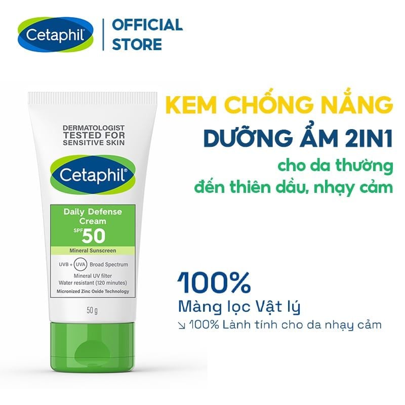 Kem Chống Nắng Cetaphil Dưỡng Ẩm 2in1 Cho Da Thiên Dầu, Nhạy Cảm Daily Defense Cream SPF50 UVB+UVA 50g
